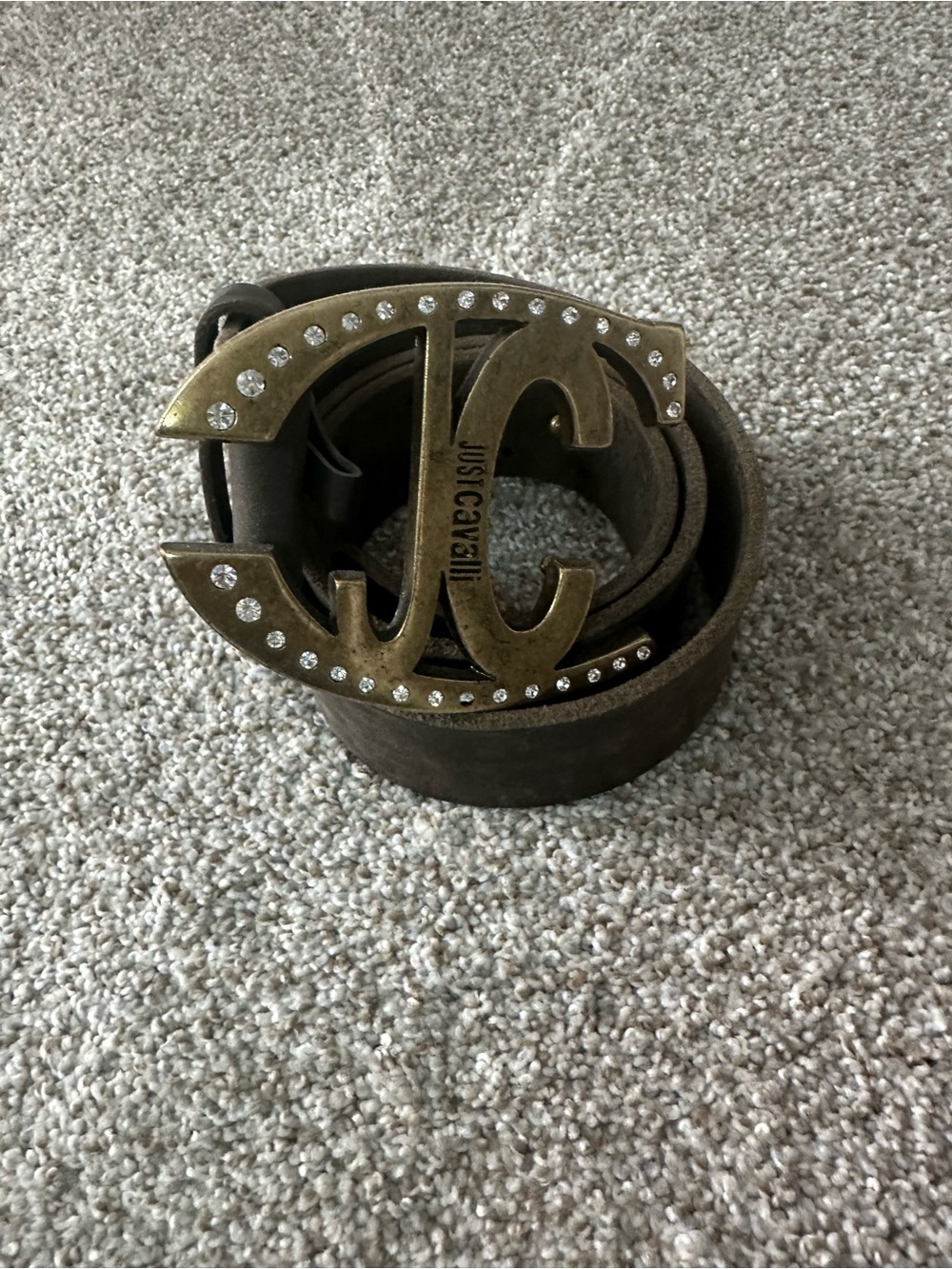 Just Cavalli Brown Leather Belt with Gold JC Crystal-Embellished Buckle